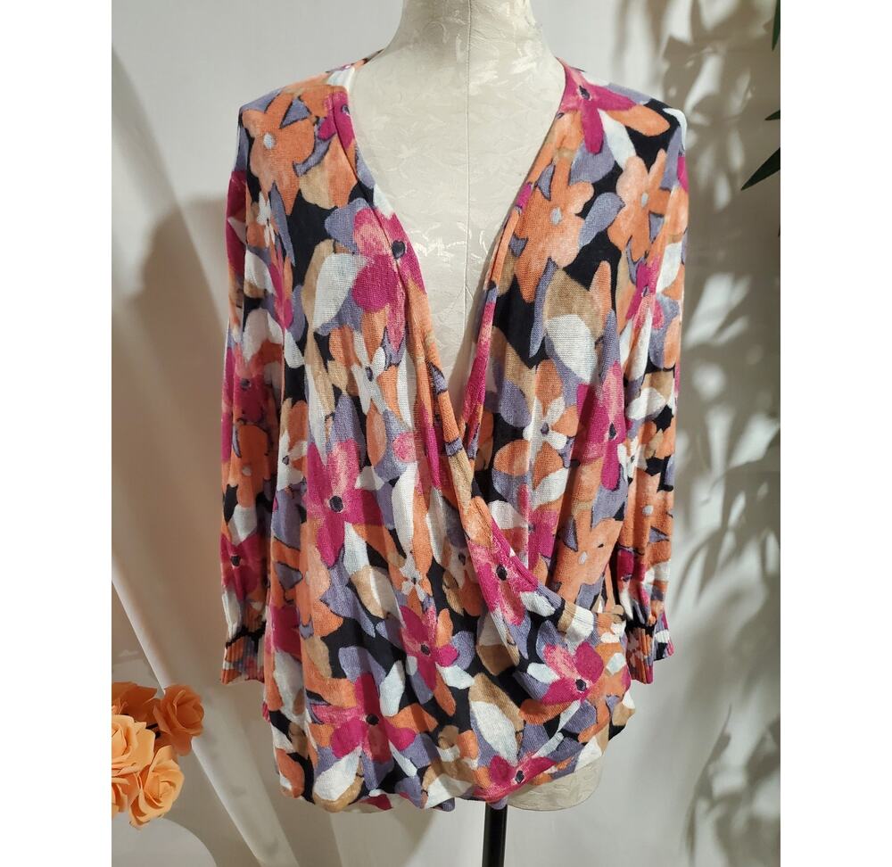Nic + Zoe Floral Linen Blend 4-Way Wrap Convertible Cardigan Sweater Plus Sz 1X